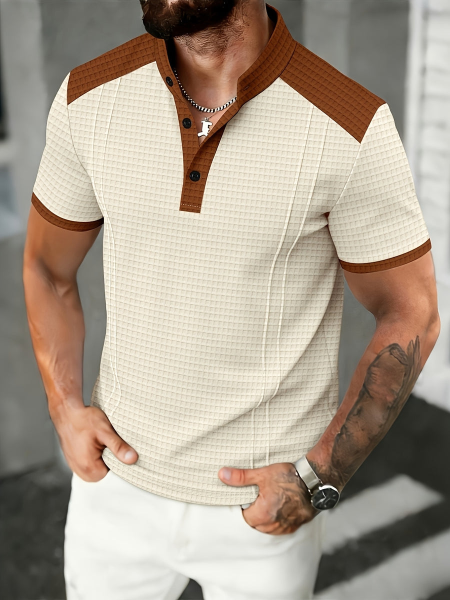 Men'S Short-Sleeve Plaid Knit Henley Shirt with Contrasting Brown Trim, Featuring a Stand Collar Design, Casual Button-Up Front, Breathable Vintage Street Style Clothing - Khaki