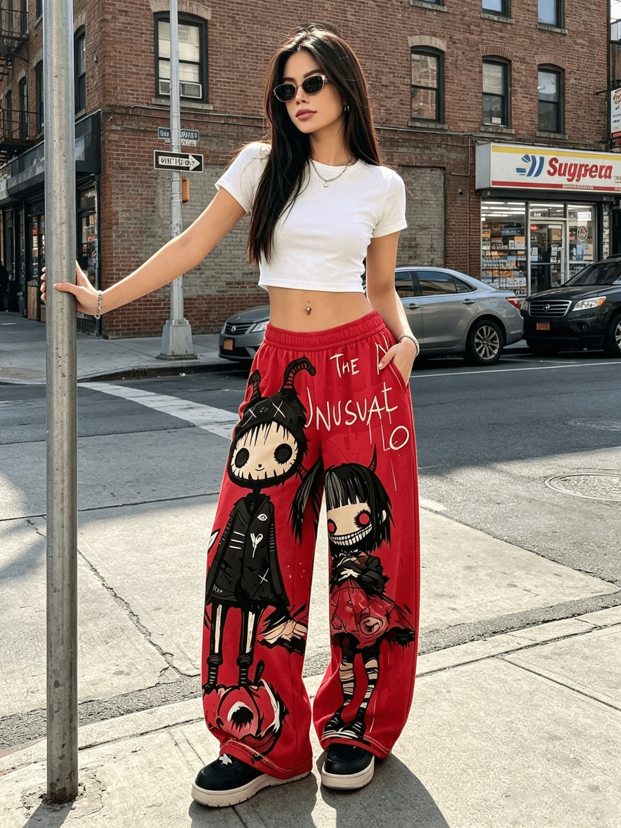 Women'S Digital Print Spring Summer Autumn Retro Horror Doll Cartoon Printed Women'S Trousers, Punk Y2K Subculture Loose Drapey Wide-Leg Pants - Red