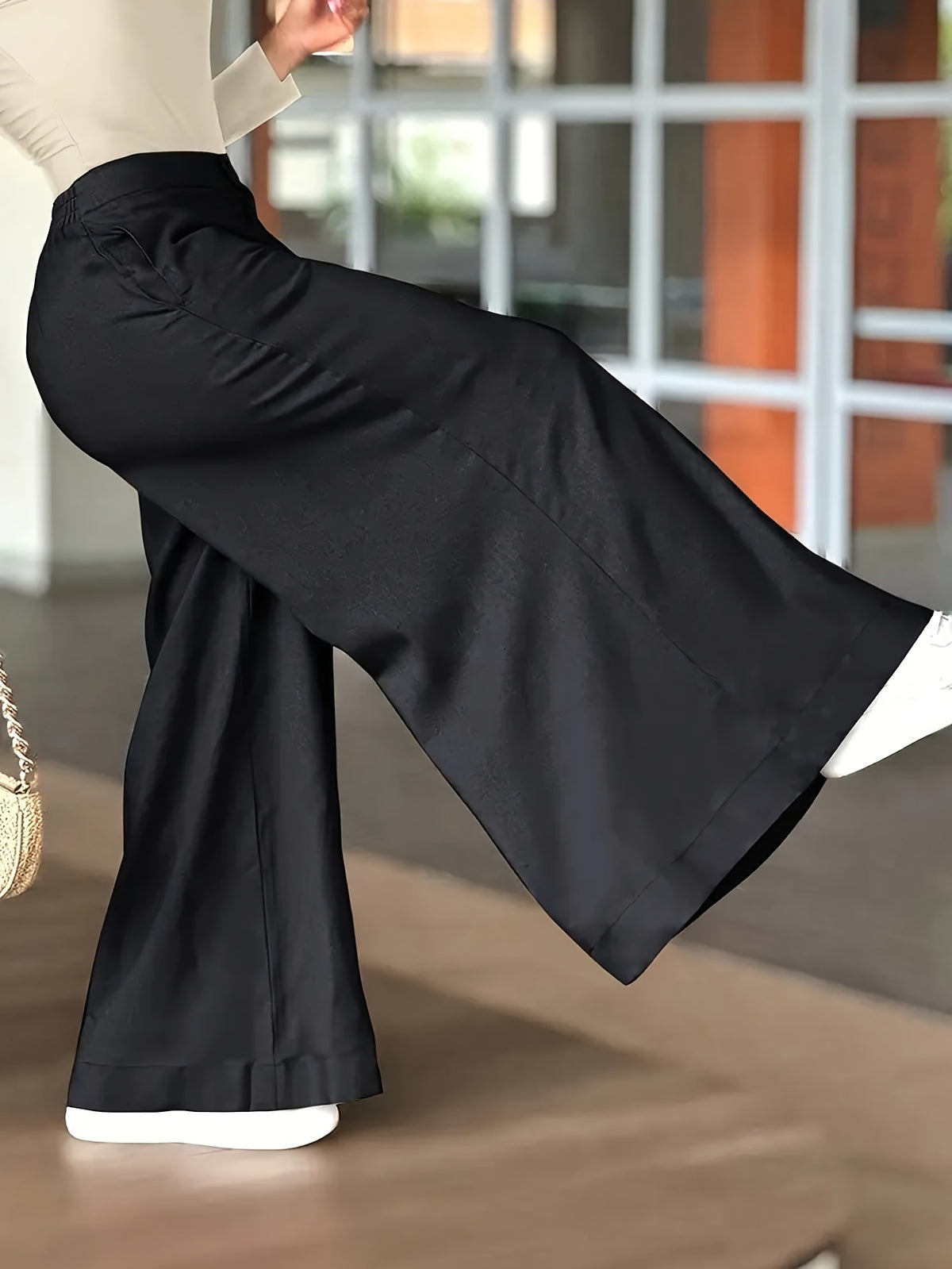HMY Women's High-Waisted Wide-Leg Suit Pants, High-Quality Draping Fabric, Loose-Fit Straight-Leg Floor-Length Casual Trousers + Tab Lan - Black