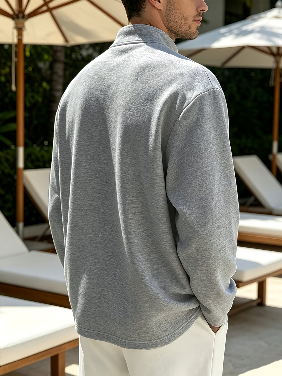 Spring/Autumn Henry Neck Long Sleeve T-Shirt, Loose Fit with Half-Open Placket Design, Versatile Commuter Base Layer, an Excellent Choice for Daily Work and Casual Vacations - Light Grey