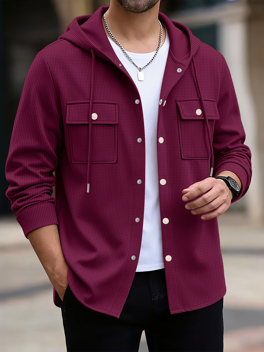 Men's Waffle Knit Hooded Shacket Jacket with Button-Up Cardigan Style, Cargo Pockets, and Long Sleeves, Casual Hooded Outerwear - Khaki