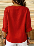 Women's Button-Up V-Neck Roll-Up Three-Quarter Sleeve Summer Casual Vacation Top JYDX - Red