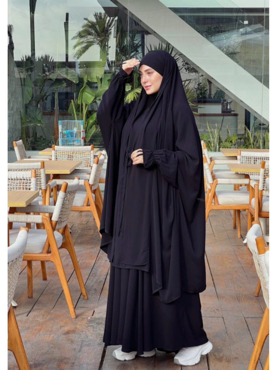 New Cross-Border Middle East Solid Color Women's Lace-Up Abaya 2pcs Set with Large Headscarf, Arabic Style P302 - Black