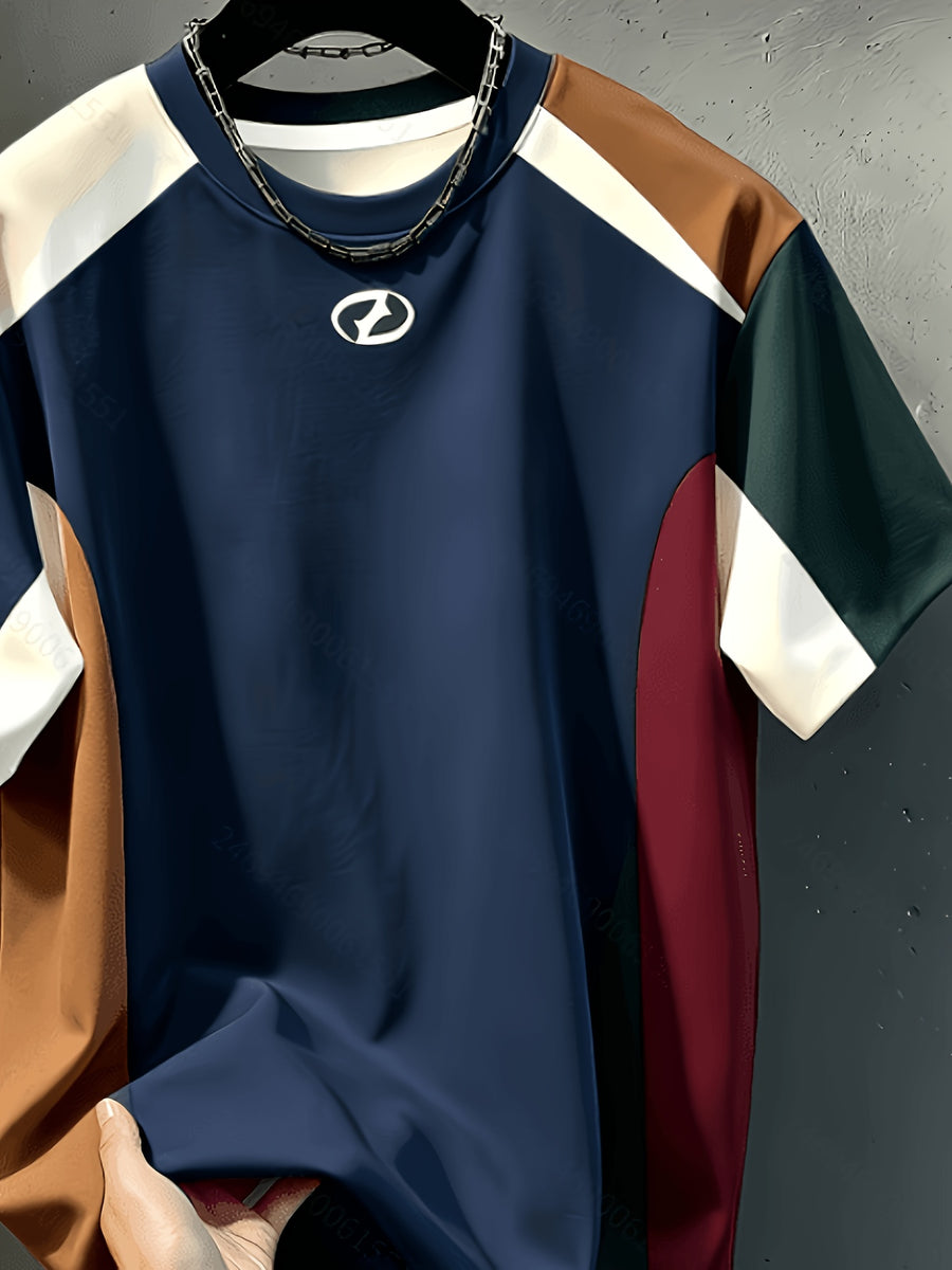 Printed Design, Non-textured Men's Casual Crew Neck T-shirt, Color-block Contrast Design, All-season Fashion Top, Breathable Regular Fit for Daily and Formal Wear - Crew Neck Casual Top, Comfortable to Wear, Gift for Teens and Adults, Pockets - Mixed colors