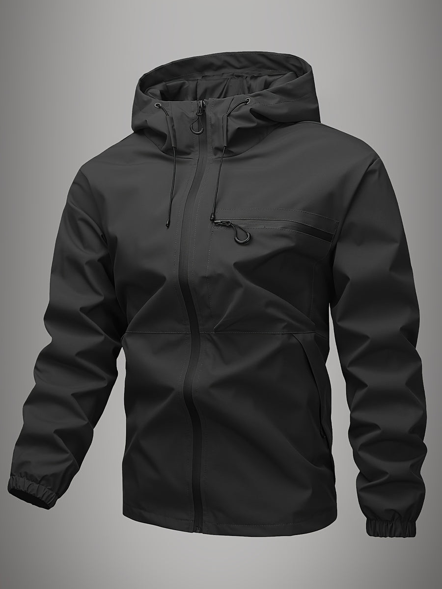 Men's Hooded Windbreaker, Single-layer Thin Design with Diagonal Zipper Chest Pocket, Commuting and Travel Casual Top, Outdoor Hiking Jacket with Zipper Pockets, Techwear Casual Jacket, Suitable for Daily Work Scenarios. - Black