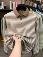 Men's Thin Striped Lapel Long Sleeve Polo Top, Wrinkle Free Loose Casual Long Sleeve T-Shirt, Business Basic Apparel for Middle-aged Dads, Spring Autumn Clothes for Golf, Fishing, Tennis Daily Wear - Pumpkin Color