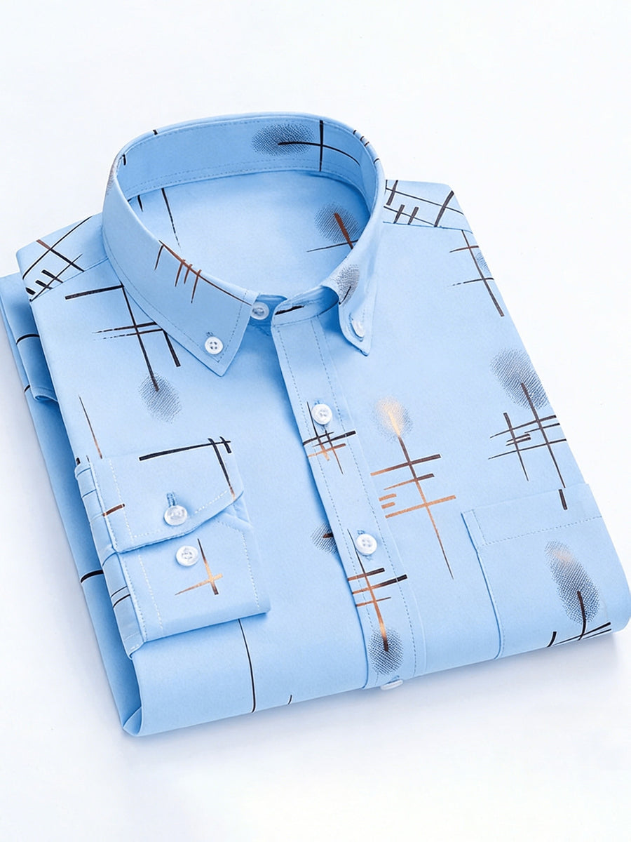 Men'S Long-Sleeve Shirt with Bronzing Print, Business Casual Wrinkle-Resistant Shirt, Light Luxury Versatile Top for Middle-Aged And Young Men - Sky Blue