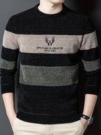 New Winter Striped Men'S Round-Neck Sweater, Fleece-Lined for Comfort, Stylish And Casual, Warm Pullover Knit Top, Thick Winter Men'S Clothing - Olive Green