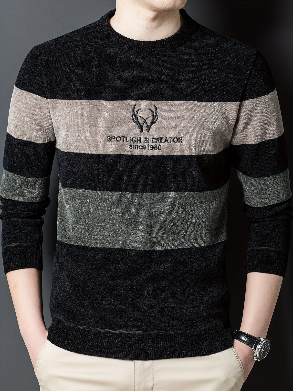 New Winter Striped Men'S Round-Neck Sweater, Fleece-Lined for Comfort, Stylish And Casual, Warm Pullover Knit Top, Thick Winter Men'S Clothing - Olive Green