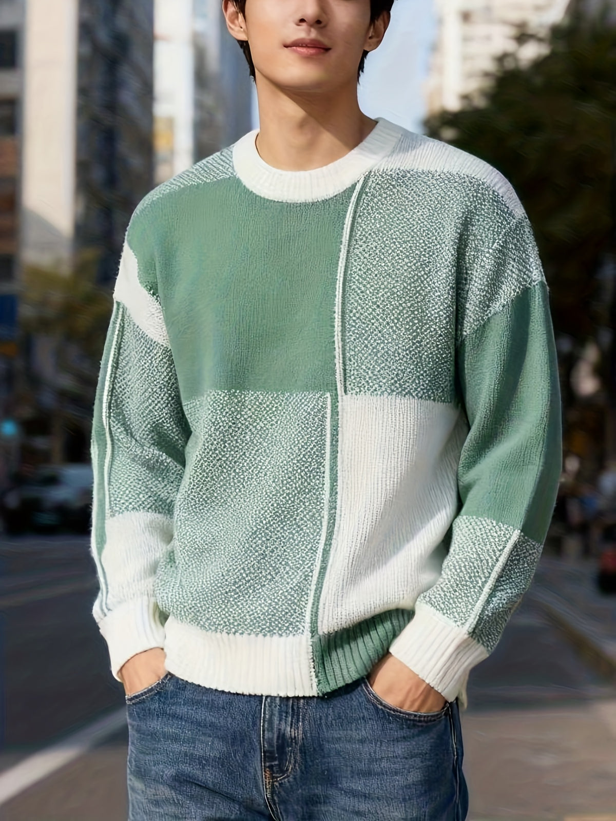 Men's Color-Block Sweater Fall Winter Warm Round Neck Sweater Suitable for Daily Wear & Layering, Color-Blocking with Ribbed Collar, Hand Washable Stretchable Sweaters for Office, Casual Outfits - Green