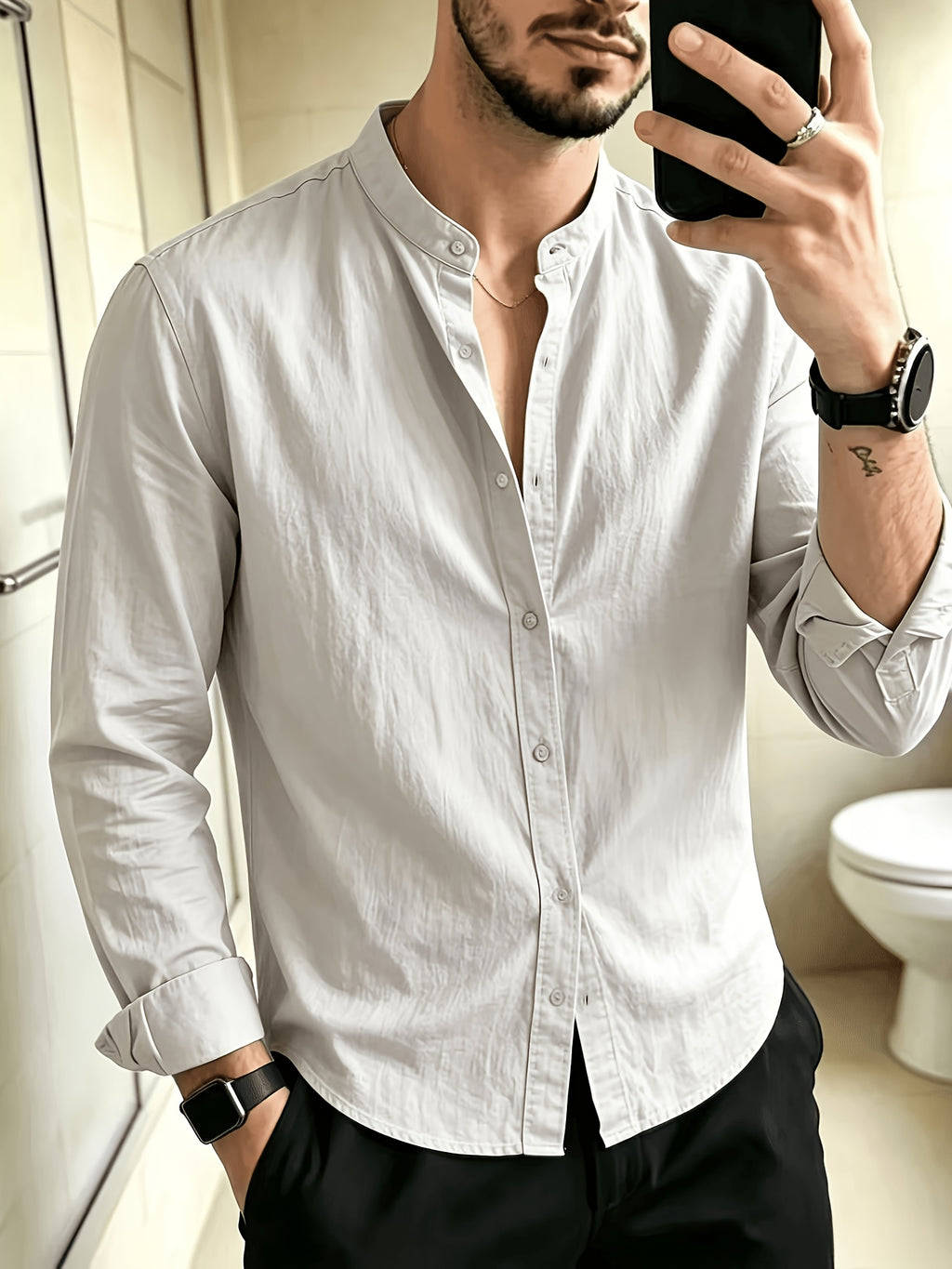 New Men'S Street Style Stand Collar Long Sleeve Shirts, Loose Fit Casual Blouse, Breathable Versatile Outer Tops for Men Fall Daily Street Going Out Wear - Light Grey