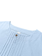 Men's Linen Pullover Shirt - Retro Vertical Pleat Collar & Round Neck, Loose Fit Long Sleeve Suitable for Daily Wear, Travel, Beach Outfits, Spring Summer Fall Casual Top, Machine Washable Solid Color Shirt - Light Blue