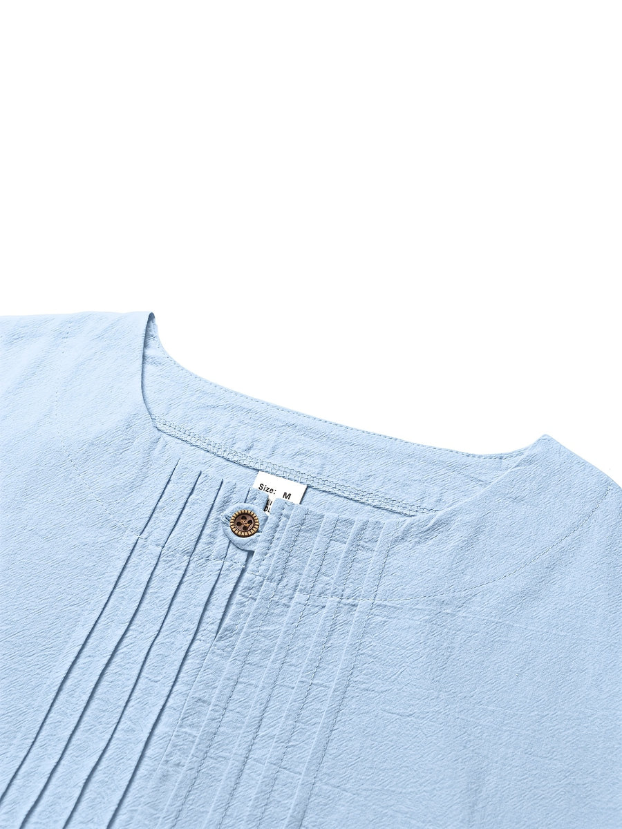 Men's Linen Pullover Shirt - Retro Vertical Pleat Collar & Round Neck, Loose Fit Long Sleeve Suitable for Daily Wear, Travel, Beach Outfits, Spring Summer Fall Casual Top, Machine Washable Solid Color Shirt - Light Blue