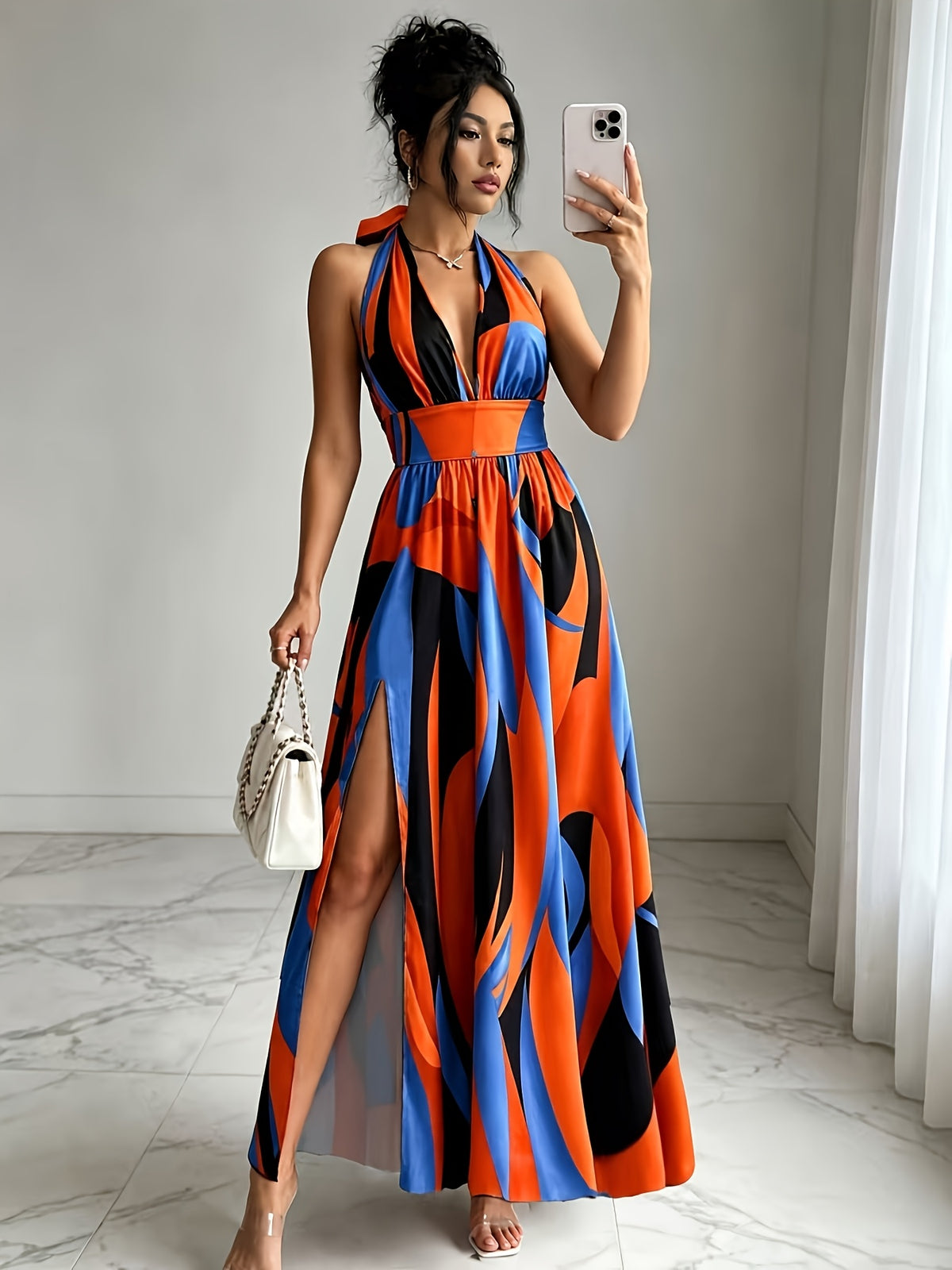 New French-Style Casual Elegant Sexy High-End Design V-Neck Backless Spaghetti Strap Waist-Revealing A-Line Slit Sleeveless Long Dress, Red and Green Floral Print, High-Quality Exquisite Women's Clothing - Blue