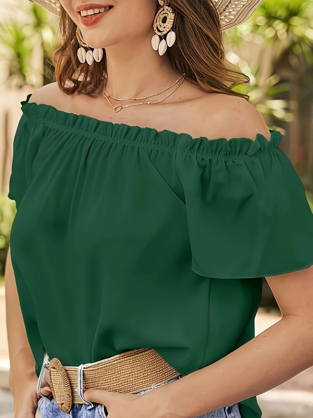 Women'S Spring Summer New Fashion Solid Color Minimalist Off-Shoulder Blouse with Fabric Ruffle Trim - Versatile Short-Sleeve Top for Casual, Vacation And Daily Dates - Green