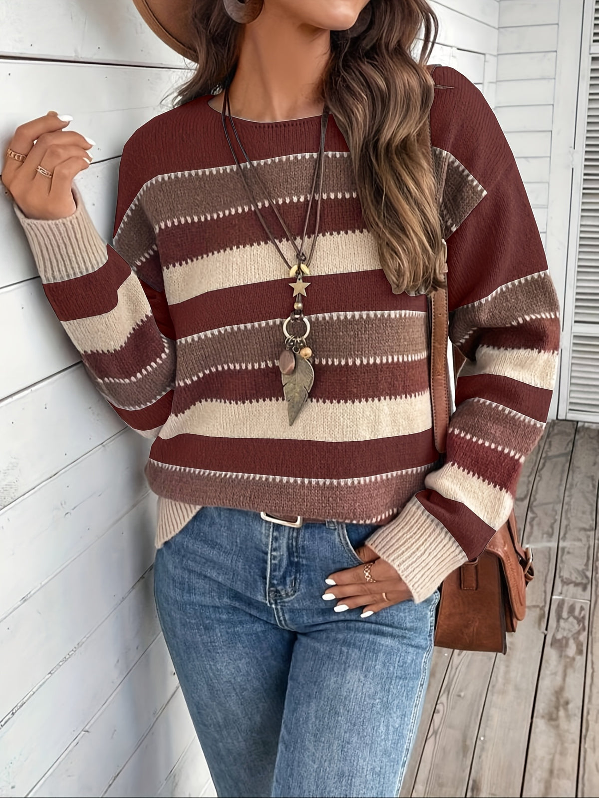 Women's Vintage Casual Sweater - Soft Medium-Stretch Round Neck Long Sleeve, Horizontal Striped Loose Fit Pullover for All-Season Comfort & Everyday Elegance, Cute Sweaters, Elegant Layering Piece, Durable Knitwear - Brick Red