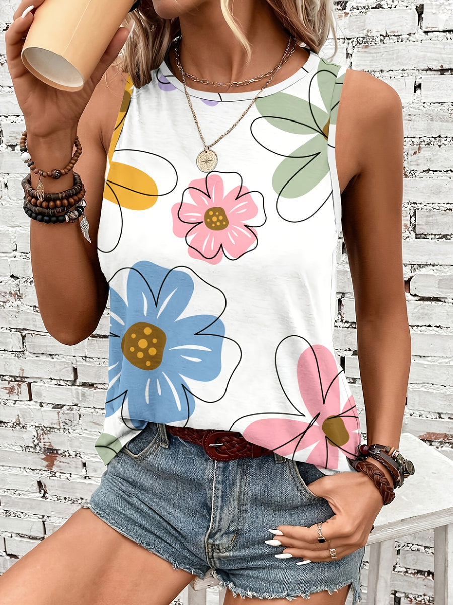 Women's Fashion Casual Round Neck Printed Tank Top - Milky