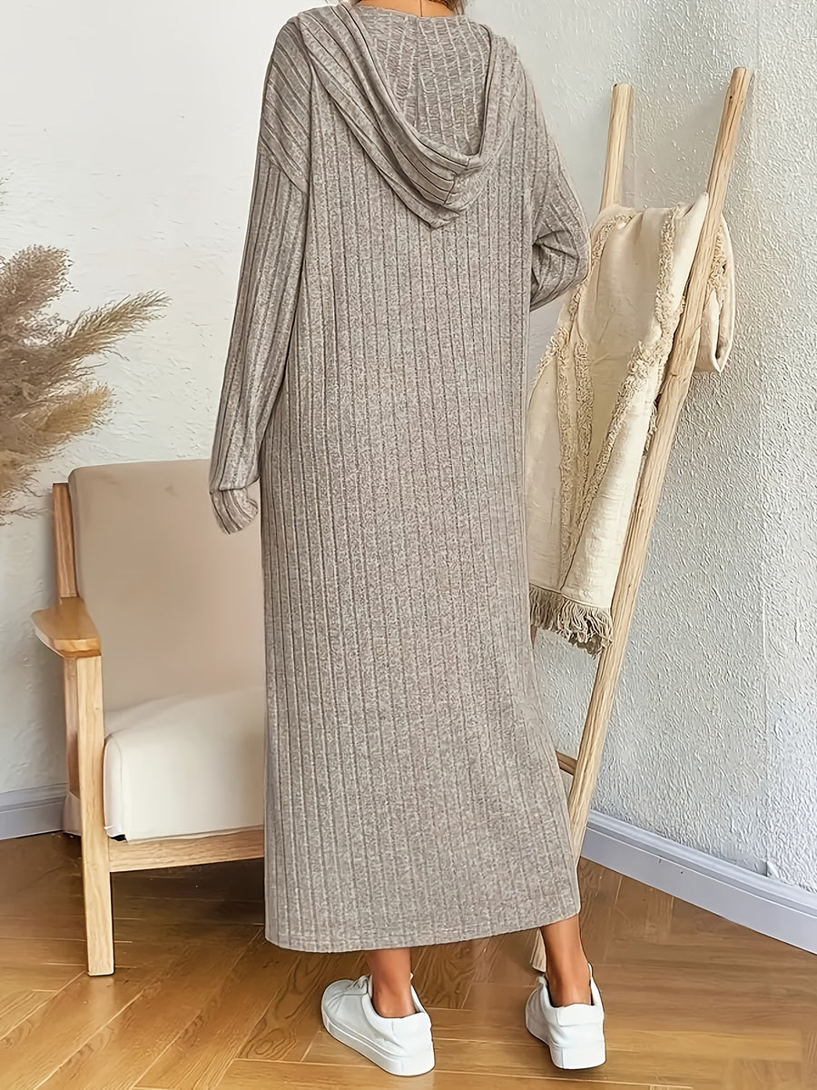 Women's Solid Color Ribbed Hooded Dress - Khaki