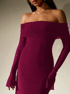 PARTHEA NewAsia Women's Bell Sleeve Off Shoulder Sequin Long Dress Backless Double Layer Club Party Sparkling Mesh Maxi Dresses Brown - Burgundy