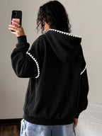 Women's Color-Blocked Shell Lace Patchwork Hooded Sweatshirt with Letter Print, Loose Drop-Shoulder Long-Sleeve Pullover Top, Early Autumn Casual Outerwear for Home, Commuting,, Shopping, and Outings - Black