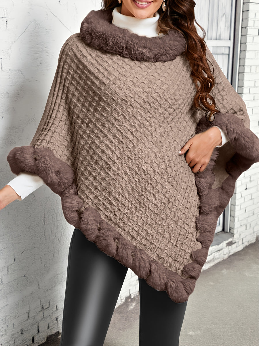 Elegant Special Edition "Pure Body Bust" - 1pc Elegant Women's Solid Color Waffle Shawl Pullover, 100% Polyester Fiber, Faux Trim Collar Patchwork, Stylish and Elegant European/American Style Warm Pullover, Suitable for Autumn/Winter - Camel