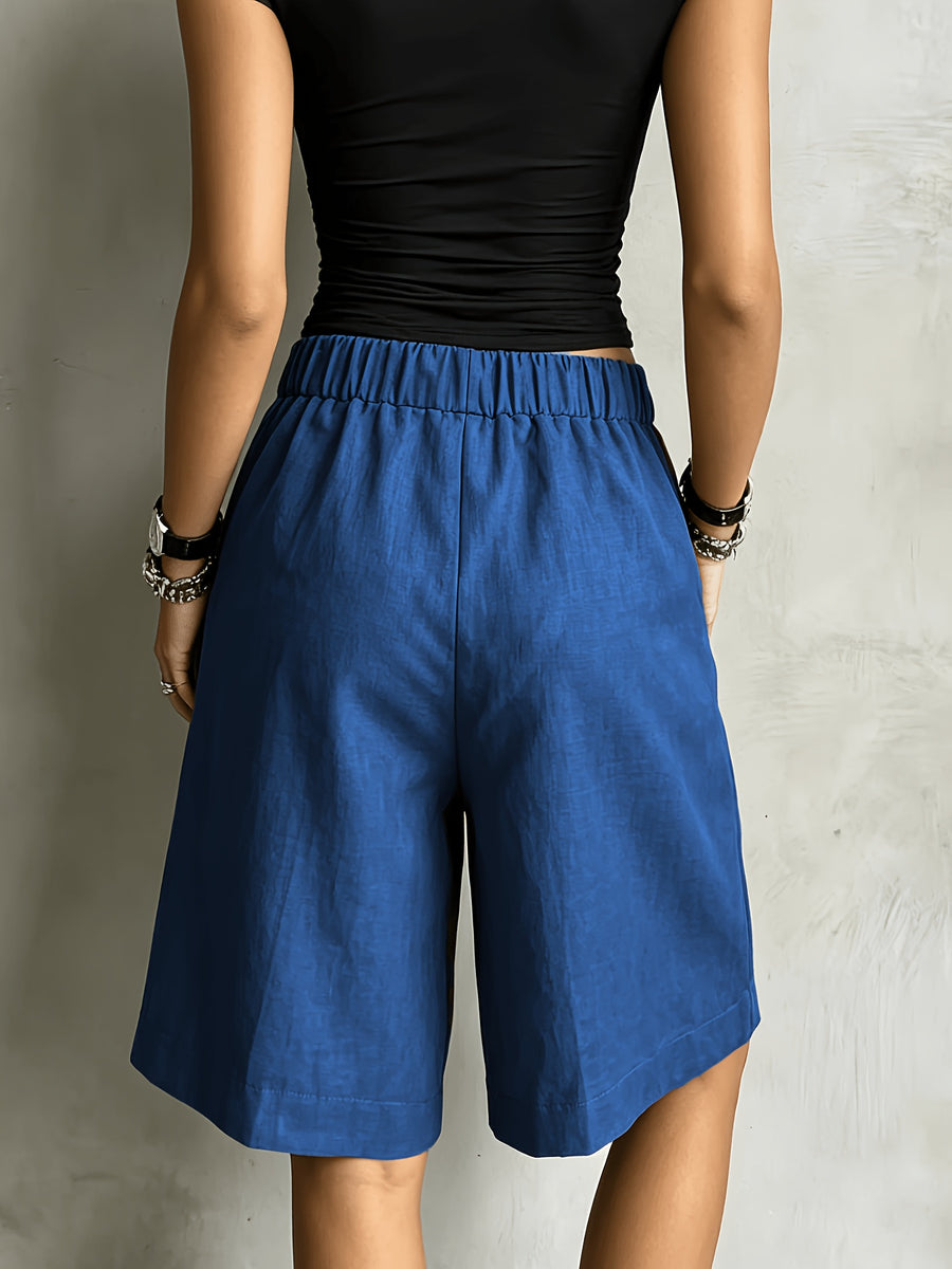 Women'S Casual Solid Color Straight Shorts, Retro Cargo Style Wide-Leg Bermuda Shorts, High-Waist Drawstring Pocket Design Loose Casual Trousers - Blue