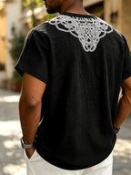 2026 New American Summer Men'S Lightweight Bamboo Rayon Rayon Braid Loose Rune Print V-Neck Casual Short Sleeve - Black