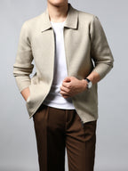 ZBZP Autumn/Winter Knitted Three-Dimensional Solid Color Lapel Sweater, Basic Knit Cardigan, Men's Fashion Knitwear Long-Sleeve Outerwear - Beige Apricot