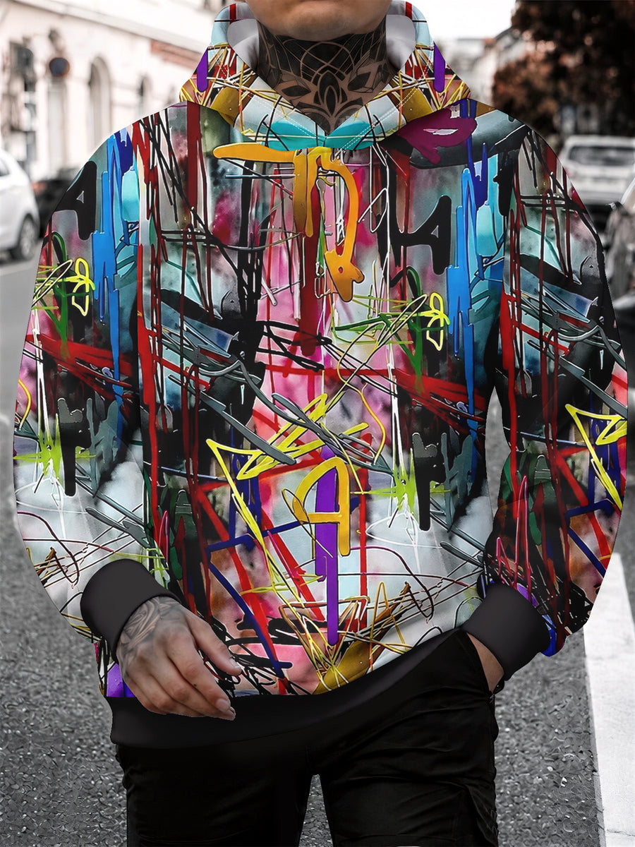 New Trendy Street-style Hoodies for Men, American Streetwear Hoodies Printed with Colorful Graffiti Letter Patterns, Long-sleeve Pullover Styles for Daily Casual Wear, Versatile Loose-fit Sports Casual Hoodies for Men - Mixed colors