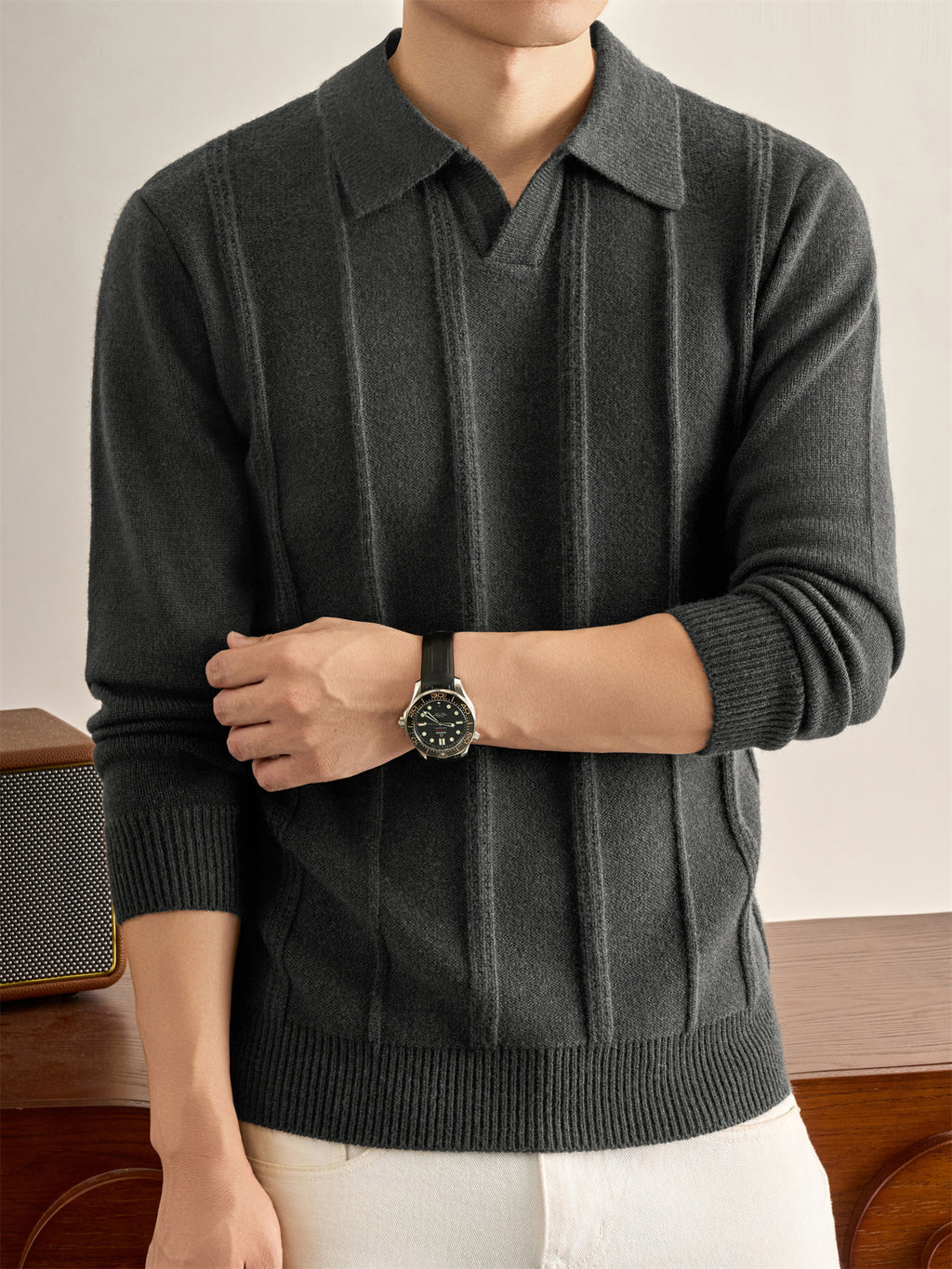 Men's Solid Color Lapel Polo Sweater - Thick Warm Knit Pullover with Lapel Collar, Long Sleeve Winter Sweater Suitable for Fall/Winter, Casual Office Wear, Basic Knitwear for Layering (Hand Washable) - Gray Green