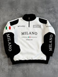 Men'S Half-Zip Stand Collar Sweatshirt MILANO Italian Flag Letter Print Color-Block Patchwork Top Street Racing Style Autumn Winter Long Sleeve Loose Drop Shoulder Ribbed Hem Black White Color-Block Casual Sweatshirt Suitable for Street Fashion - White