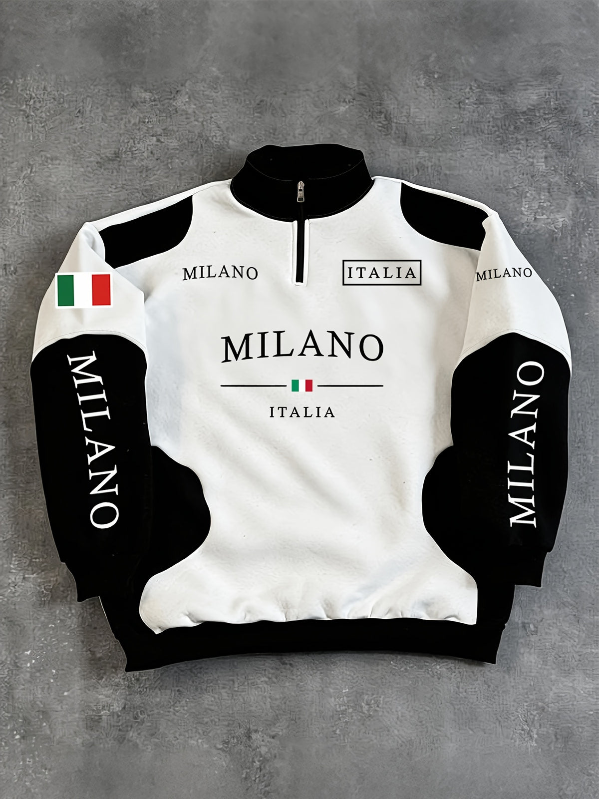 Men'S Half-Zip Stand Collar Sweatshirt MILANO Italian Flag Letter Print Color-Block Patchwork Top Street Racing Style Autumn Winter Long Sleeve Loose Drop Shoulder Ribbed Hem Black White Color-Block Casual Sweatshirt Suitable for Street Fashion - White
