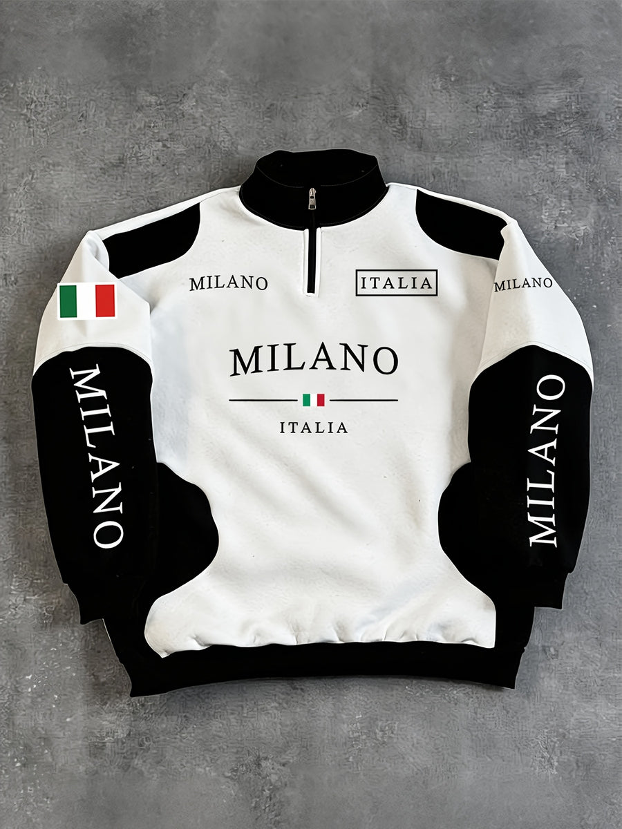 Men'S Half-Zip Stand Collar Sweatshirt MILANO Italian Flag Letter Print Color-Block Patchwork Top Street Racing Style Autumn Winter Long Sleeve Loose Drop Shoulder Ribbed Hem Black White Color-Block Casual Sweatshirt Suitable for Street Fashion - White