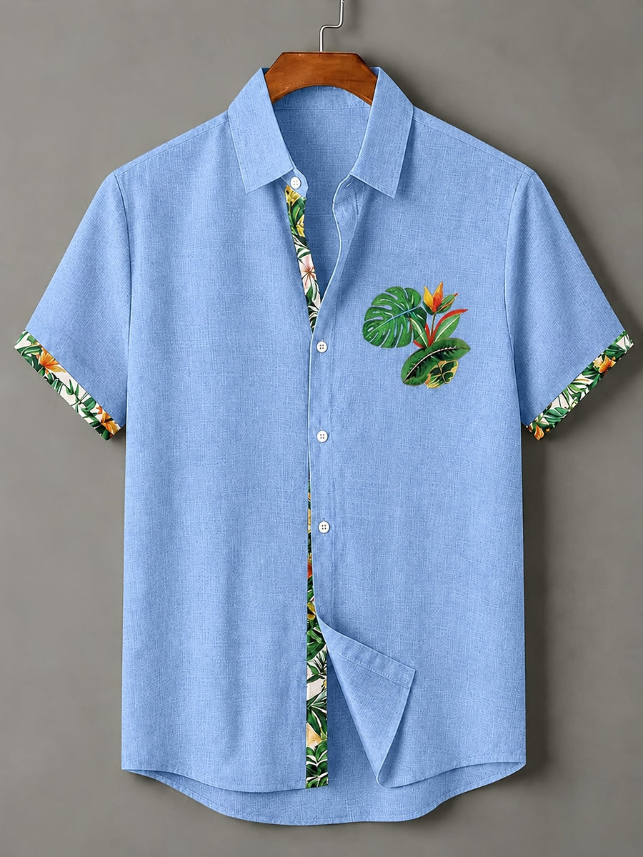100% Men'S Casual Short Sleeve Shirt, Pure Fabric with Print And Color Block Design for Summer, Beach Vacation Style Blouse, Fabric Is Sweat-Absorbent And Breathable, Great Gift for Boyfriend And Husband, Suitable for Outdoor Travel Or Vacation - Sky Blue