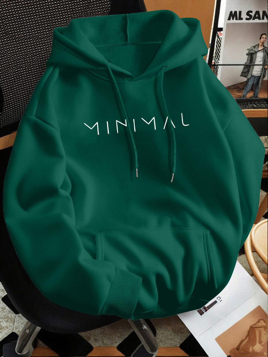 Minimalist Style Letter Print Hooded Sweatshirt, Versatile Top for Daily Casual and Commuting - Dark Green