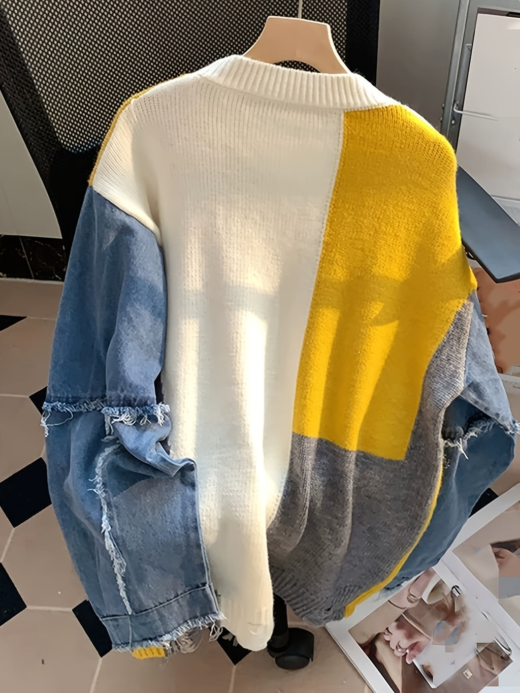 New European and American Autumn/Winter Style: Relaxed Fit Color-Block Denim Patchwork Pullover Cardigan - White