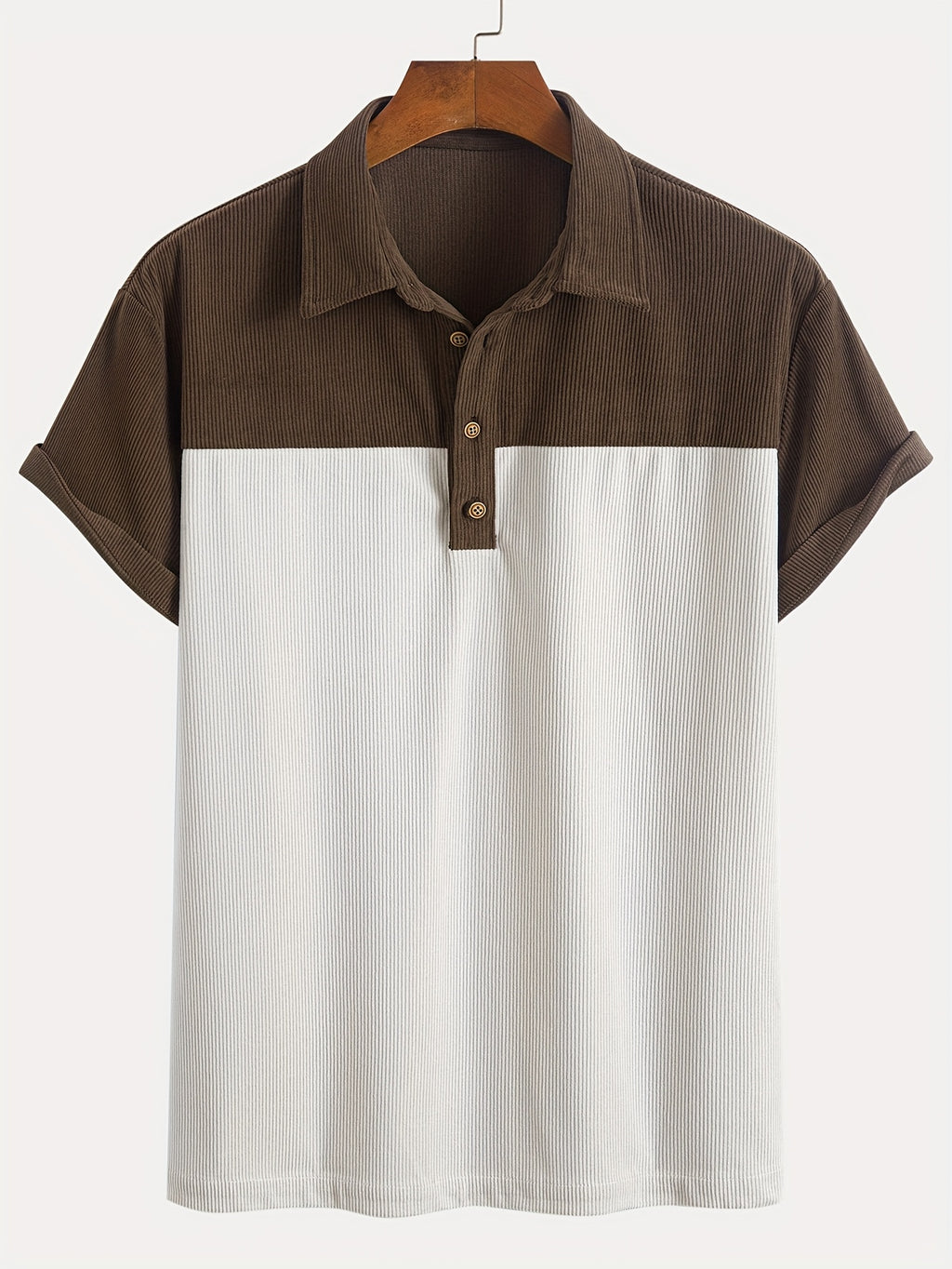 [2pcs Set] Men'S Fashion Classic Corduroy Casual T-Shirt Individual Contrast Patchwork Half-Open Button Design Suitable for Daily Casual Fashion Easy Outing Commute Street Trend Summer New Short Sleeve Shirt - Apricot