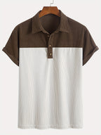 [2pcs Set] Men'S Fashion Classic Corduroy Casual T-Shirt Individual Contrast Patchwork Half-Open Button Design Suitable for Daily Casual Fashion Easy Outing Commute Street Trend Summer New Short Sleeve Shirt - Apricot