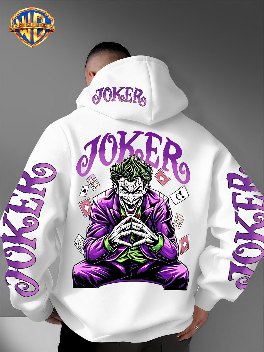 Warner Bros. Fashion Poker Joker Print, Hat Design Pattern, Multi-functional Street Style Men's Hooded Sweatshirt, Comfortable and Casual, Suitable for Autumn and Winter Wear - White