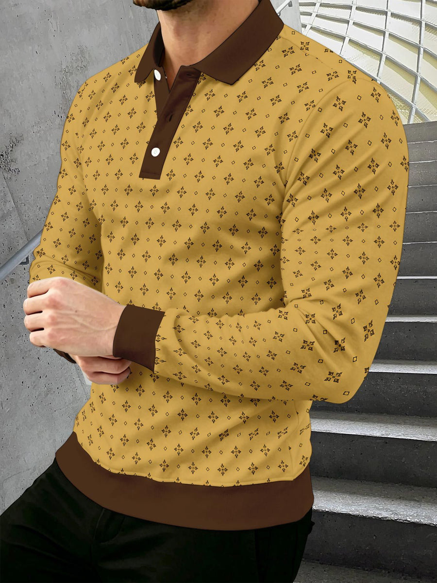Men's Novelty Fashion Long-Sleeve Top with Fine Starburst Vintage Print, Three-Button Polo Shirt with Access Control Design, Punk Street Style Lapel Top for Daily Commuting and Outings, Surprise Birthday and Holiday Gift for Men - Mixed Color F