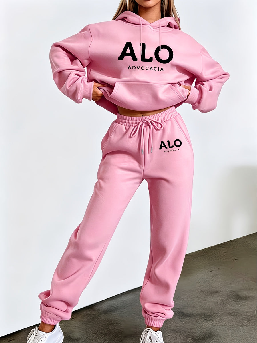 ALO ADVOCACIA Black Text Pattern Autumn/Winter Fashion 2pcs -Lined Set, Women's Printed Casual Outfit, Elegant Women's Clothing - Pink Color