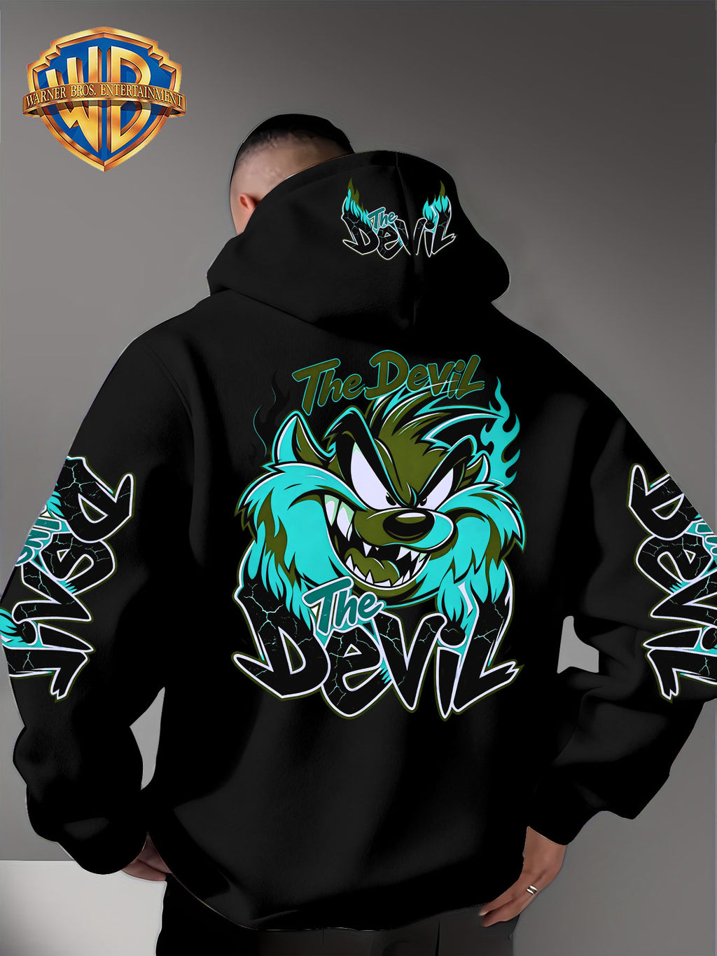 Le Yitong Big Mouth Monster The Devil Flame Print Hoodie, with Sleeve Print Design, Kangaroo Pouch And Drawstring Hood, Suitable for Autumn/Winter Casual Wear And Outdoor Activities - Black
