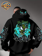 Le Yitong Big Mouth Monster The Devil Flame Print Hoodie, with Sleeve Print Design, Kangaroo Pouch And Drawstring Hood, Suitable for Autumn/Winter Casual Wear And Outdoor Activities - Black