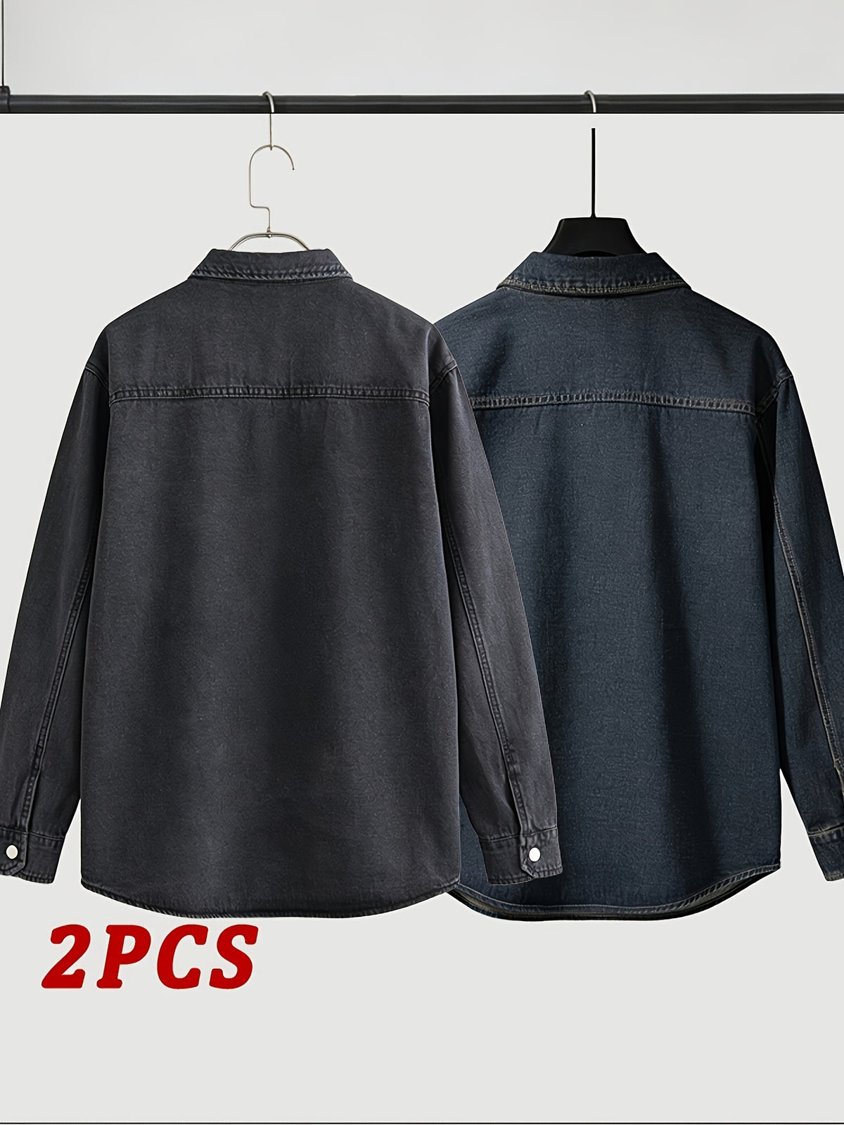 Spring/Autumn Men's Loose-Fit Streetwear Style Cool and Handsome Long-Sleeve Denim Shirt with American-Style Jacket Outer, 2pcs Set - Nostalgia + Black-Gray