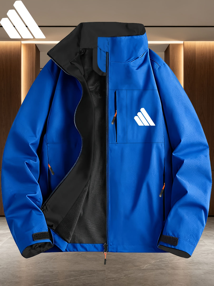 Minimalist Three-Slash Pattern Contrast Lining Full-Zip Stand Collar Windproof Jacket, Unisex Spring/Autumn White Multi-Pocket Outdoor Windbreaker - Royal Blue