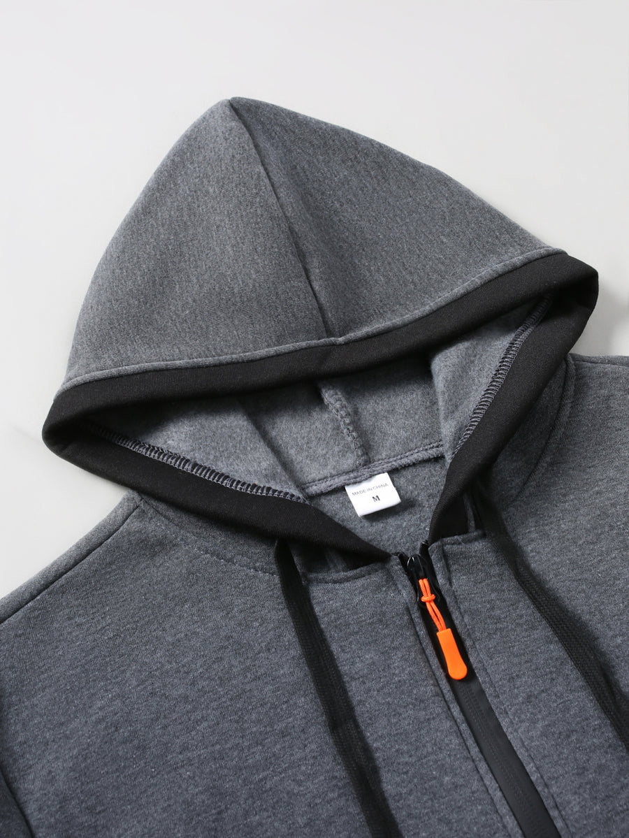 Men'S Color-Block Hooded Cardigan College Style Sweatshirt Casual Fashion Jacket Design Black Pattern Print Fleece Warm Autumn And Winter Long-Sleeved Top - Dark Gray