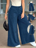 Plus Size, Plus-size Women's Cords Fashion Casual Wide-leg Pants with Pocket Design, Elegant Loose Straight-leg Trousers, High-waisted Draped Wide-leg Pants - Navy Color