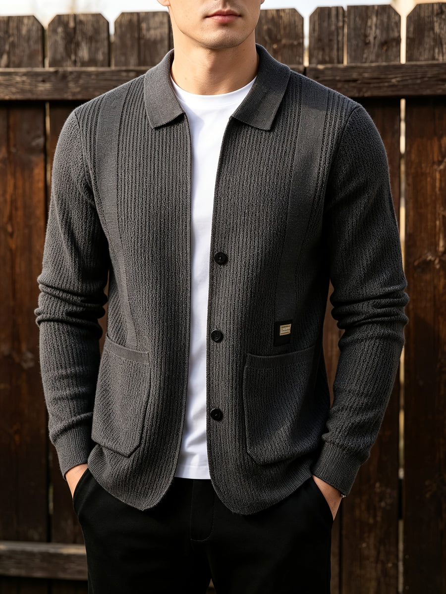 Men's Lightly Mature Business Casual Lapel Knit Cardigan, Vertical Stripe Textured Breathable Wrinkle-Resistant Knit Outerwear, Comfortable, Soft, and Skin-Friendly, with Simple Single-Breasted Design and Dual Pockets, Structured Fit for a Slimming - Dark Gray