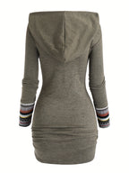 European And American Fashion Women'S Ethnic Style Geometric Striped Patchwork Hooded Long-Sleeve Fitted Dress - Military Green