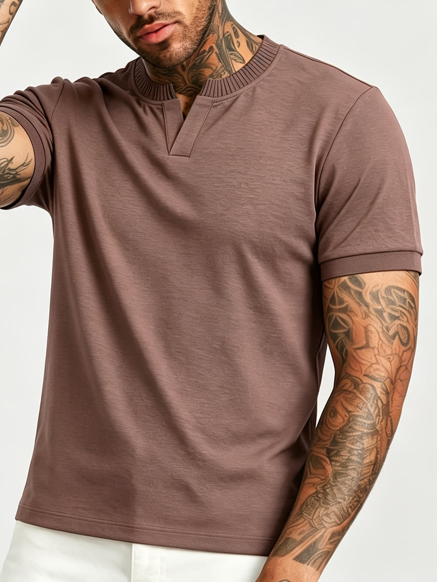 [Pearson OBM] Summer Cool Short Open V-Neck Men'S Henley Shirt, Stretchy Comfortable Solid Base Layer, Breathable And Flat Fit, Practical Men'S Birthday Gift Holiday Item, All-Scene Wear for Fitness, Hiking, Home, And Vacation - Coffee Brown